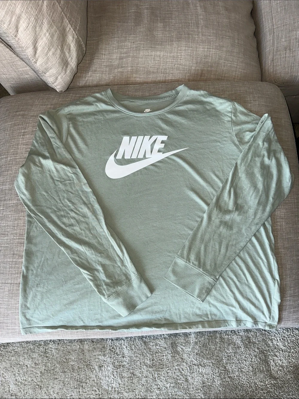 Nike Long Sleeve Crew Tee in Sage Green with White Swoosh - 100% Cotton
